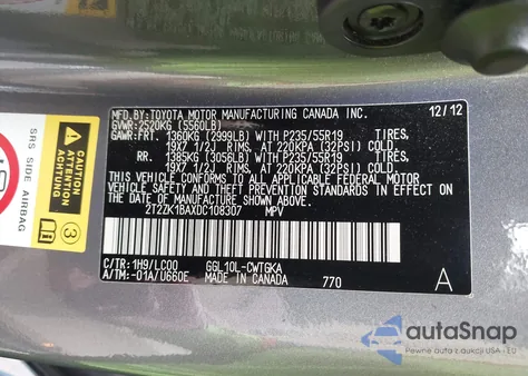 2013 Lexus Rx 350 из США, поврежденный, VIN 2T2ZK1BAXDC108307